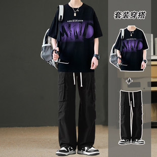 纯棉短袖套装男士夏季潮牌痞帅男生t恤酷帅穿搭一套搭配工装裤男
