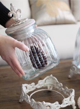 [丽娅]美式乡村复古装CDB饰皿摆艾件式玻器璃储物罐瓶子铸铁欧艺