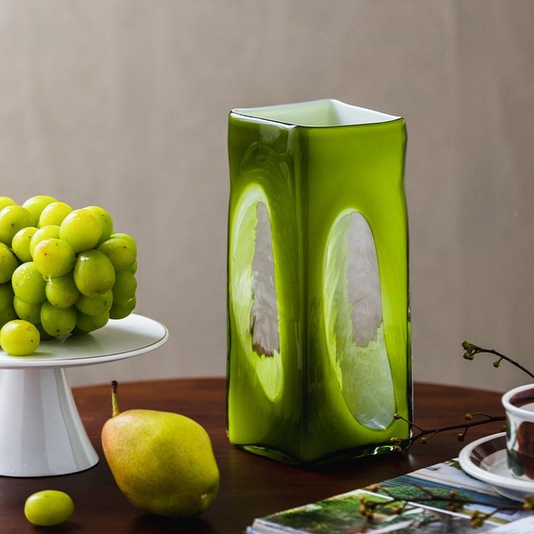 欣宿可居中古风橄榄绿色玻璃花瓶民复古客厅NDS桌面插鲜花花家装