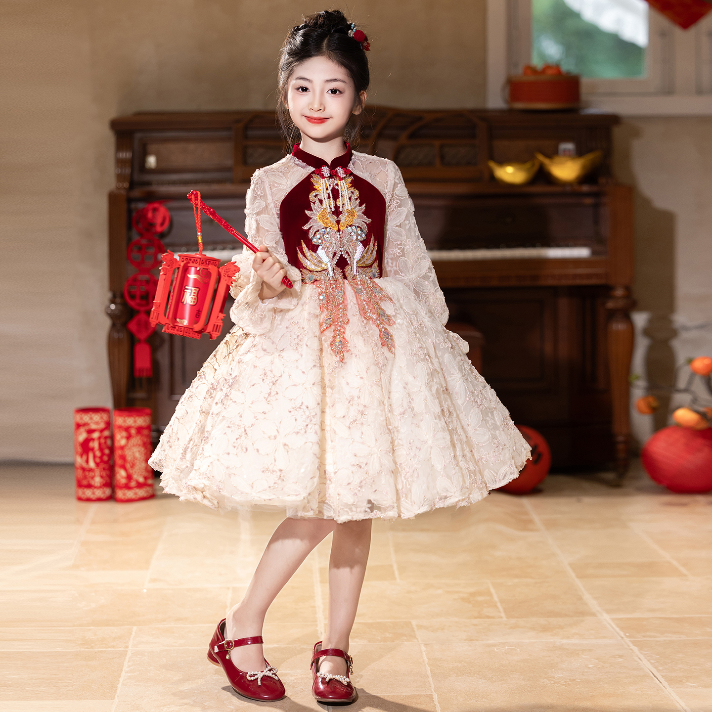女童礼服中式新年红色儿童主持人