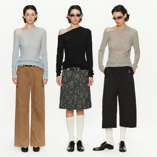 30.R 90s cleanfit/马海毛混纺斜肩宽松针织长袖上衣
