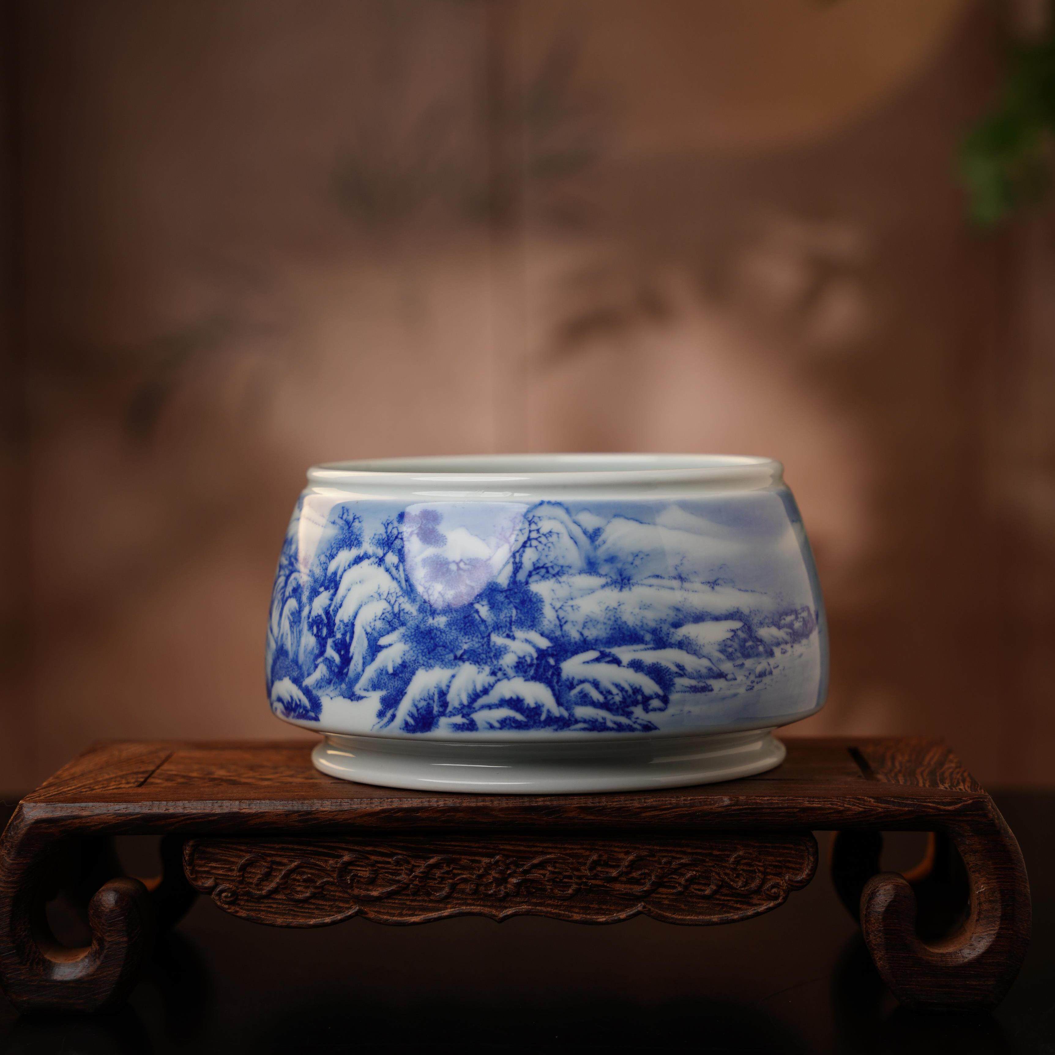 鸿少说瓷景德镇云山片玉青花渔村小雪图内绘诗文水洗手工手绘