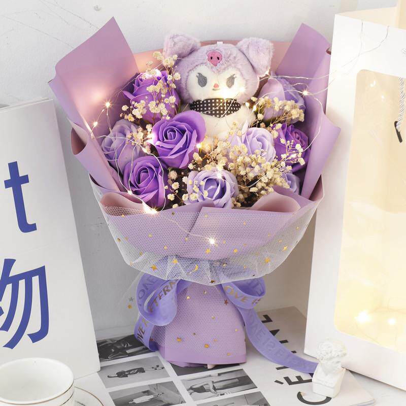紫色花束三八妇女节礼物生日送女友老婆玫瑰仿真假公仔香皂库洛米