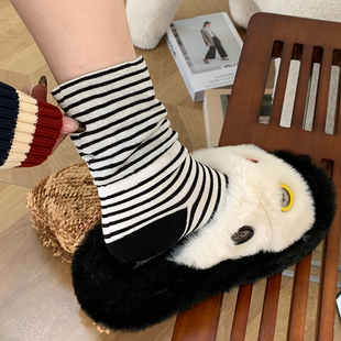 条纹松口袜子女宽口不勒腿春夏薄款 纯棉堆堆月子中筒袜搭小皮鞋