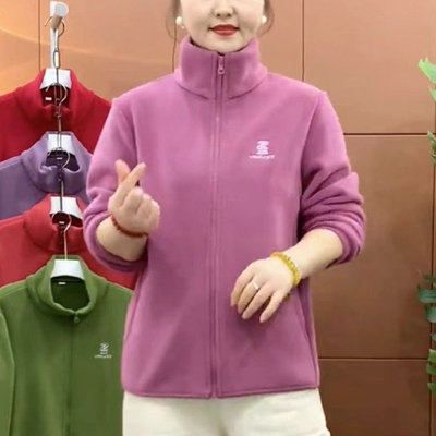 新款奥粒绒外套中老年人春装立领抓绒卫衣妈妈秋冬加厚夹克女
