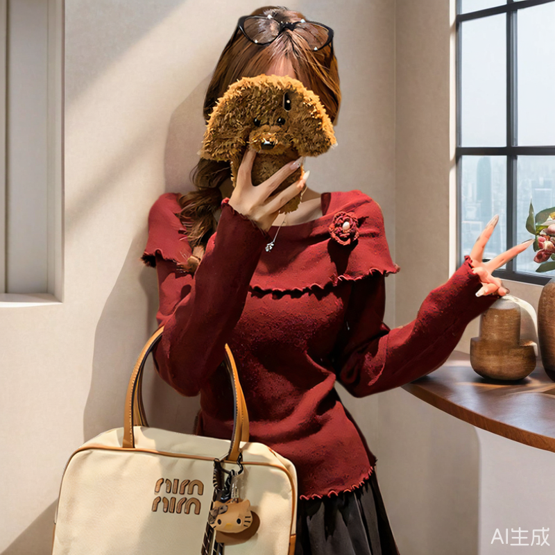 春秋冬季氛围感辣妹一字肩针织衫女喇叭袖修身毛衣不规则设计上衣