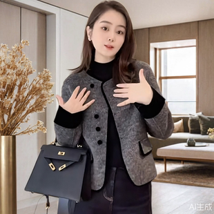 小香风单排扣圆领短毛呢外套大衣女春秋冬高级感气质洋气百搭上衣