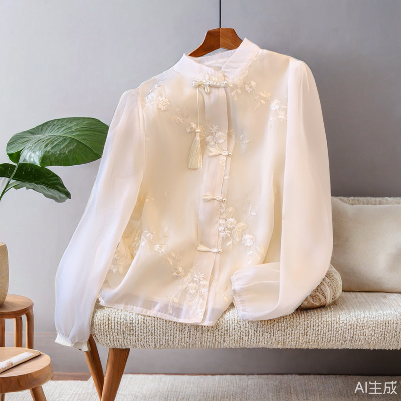 新中式国风雪纺衬衫女春秋广东普宁上班可穿汉服唐装配马面裙上衣