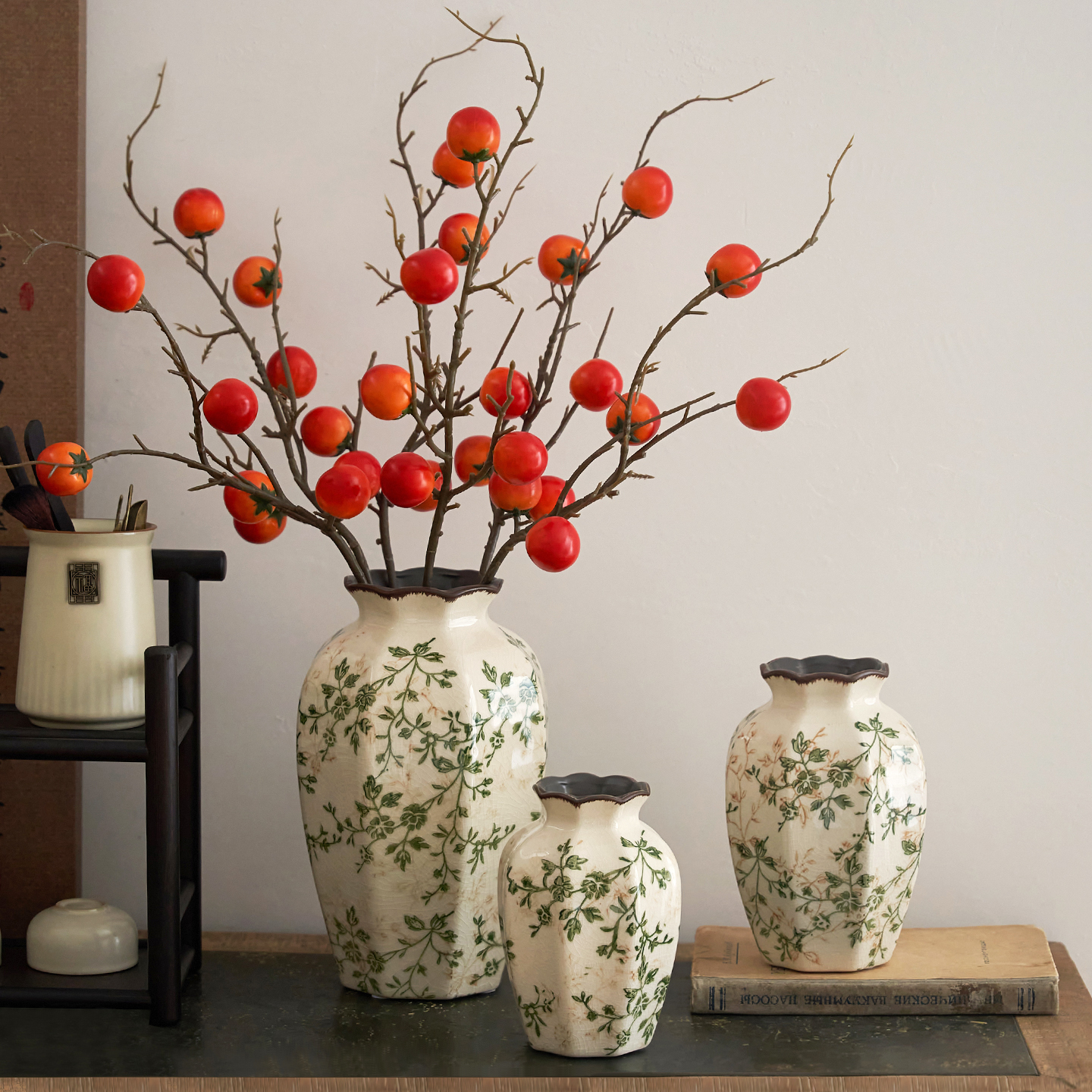 新中式绿色冰裂陶瓷花瓶宋式软装