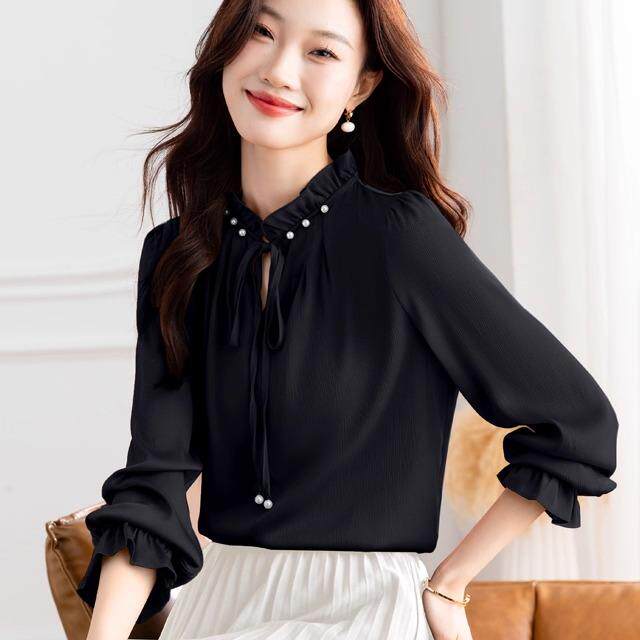 MONLOUVE高级感长袖衬衫女士秋装新款淑女气质小衫洋气减龄木耳领