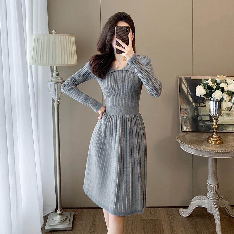 MONLOUVE法式高级感气质灰色翻领针织连衣裙女春秋季大码收腰遮肚
