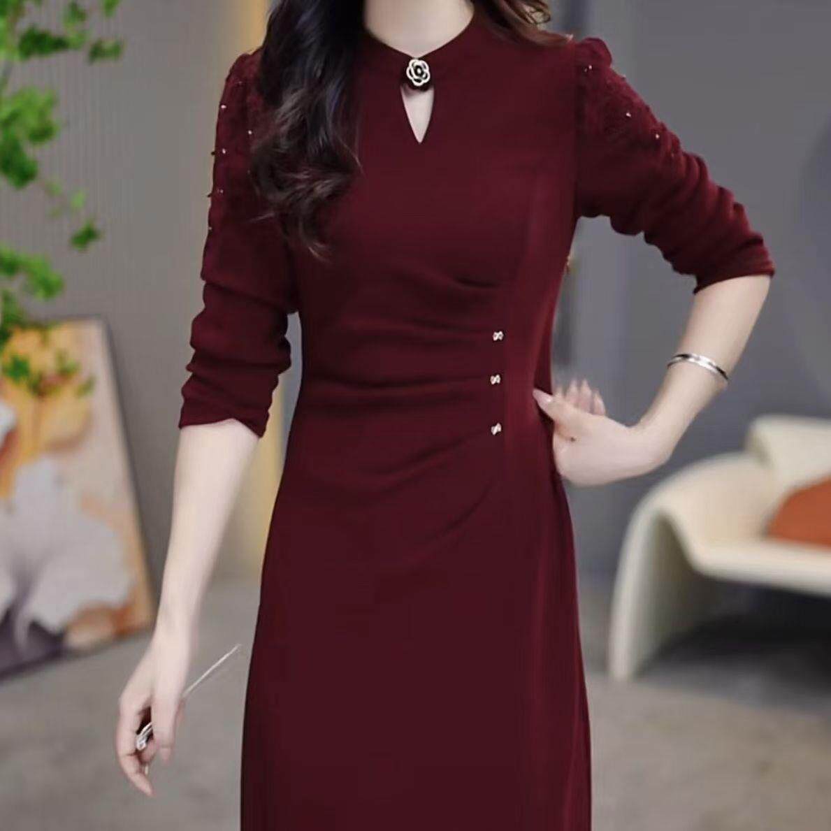 MONLOUVE高级感红色连衣裙女士春秋冬大码收腰显瘦欧货配大衣气质