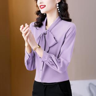 MONLOUVE蝴蝶结紫色雪纺长袖衬衫女士春秋2025新款秋季减龄衬衫女