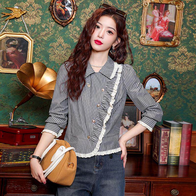 MONLOUVE不规则斜边衬衫女春秋2025年新款娃娃领条纹长袖衬衣宽松