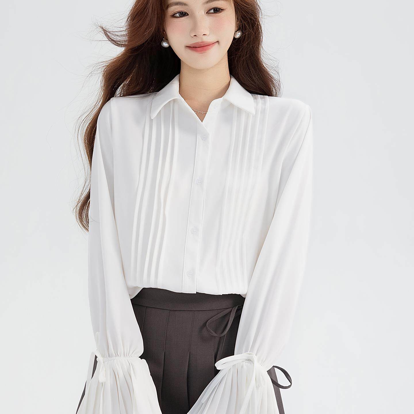 MONLOUVE白色衬衫女风琴褶衬衣内搭2025秋装新款设计感小众上衣通