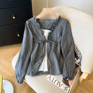 MONLOUVE法式木耳边V领系带衬衫女秋季蓝色条纹蕾丝小衫假两件设