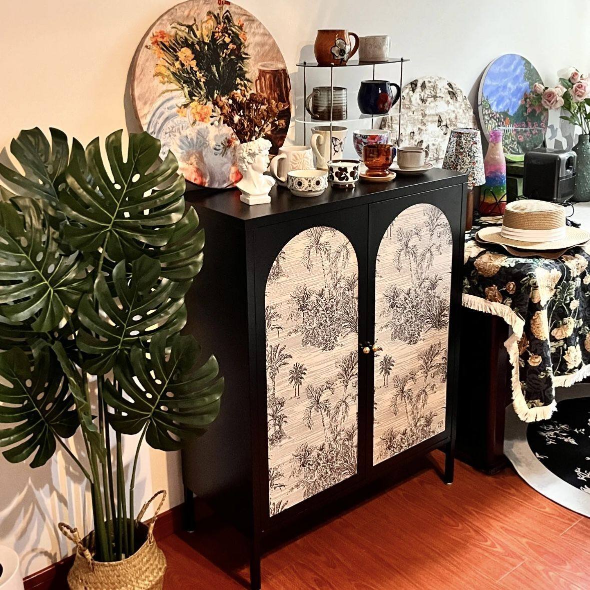 中古风铁皮柜铁艺餐边柜客厅茶水酒柜复古玄关置物柜家具黑色柜子