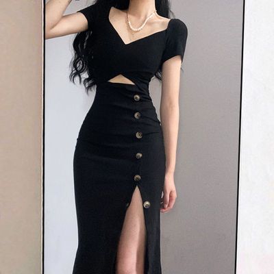 小众设计感辣妹连衣裙女夏季新款中长裙修身显瘦开叉不规则包臀裙