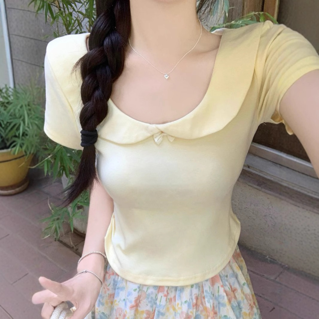 甜美风娃娃领时尚短袖t恤女2025夏季新款修身显瘦绝美小上衣漂亮