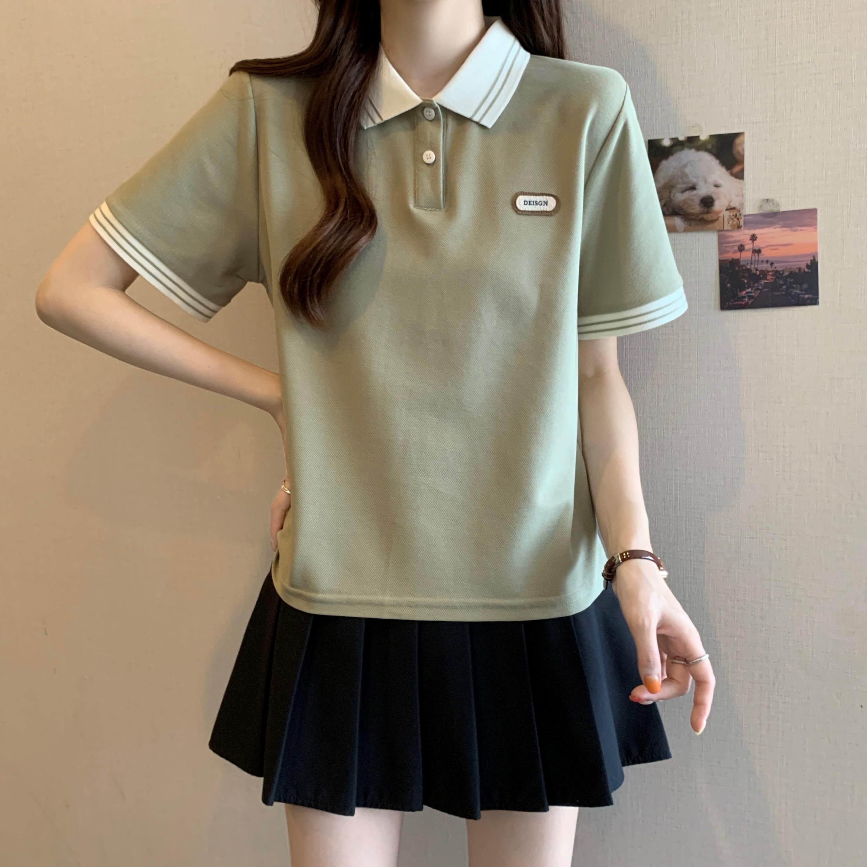 正肩Polo领短袖T恤女夏2025新款大码胖mm显瘦学院风上衣法式小衫