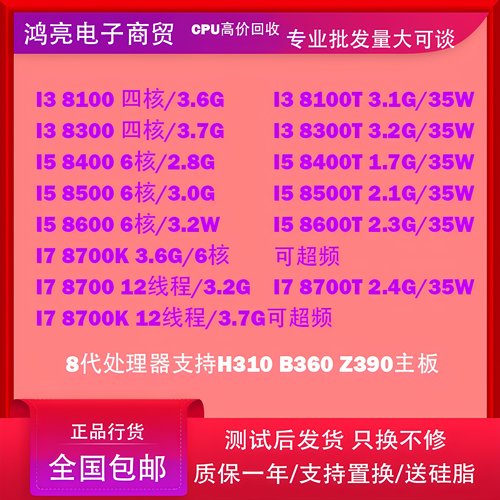 Intel/英特尔i3-8100-8300-i5-8500-8400-8600-T I7-8700kI7-8700