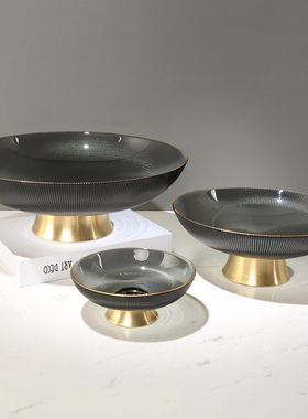 创意轻奢高脚玻璃水果盘干果盘沙拉盘客厅样板间茶几收纳盘摆件