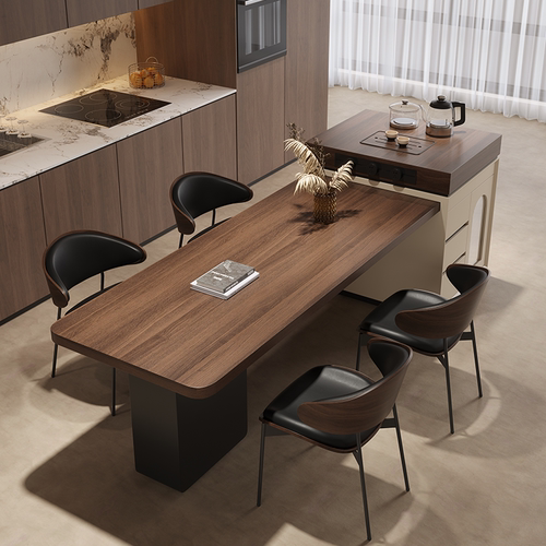 黑胡桃木纹岩板岛台餐桌