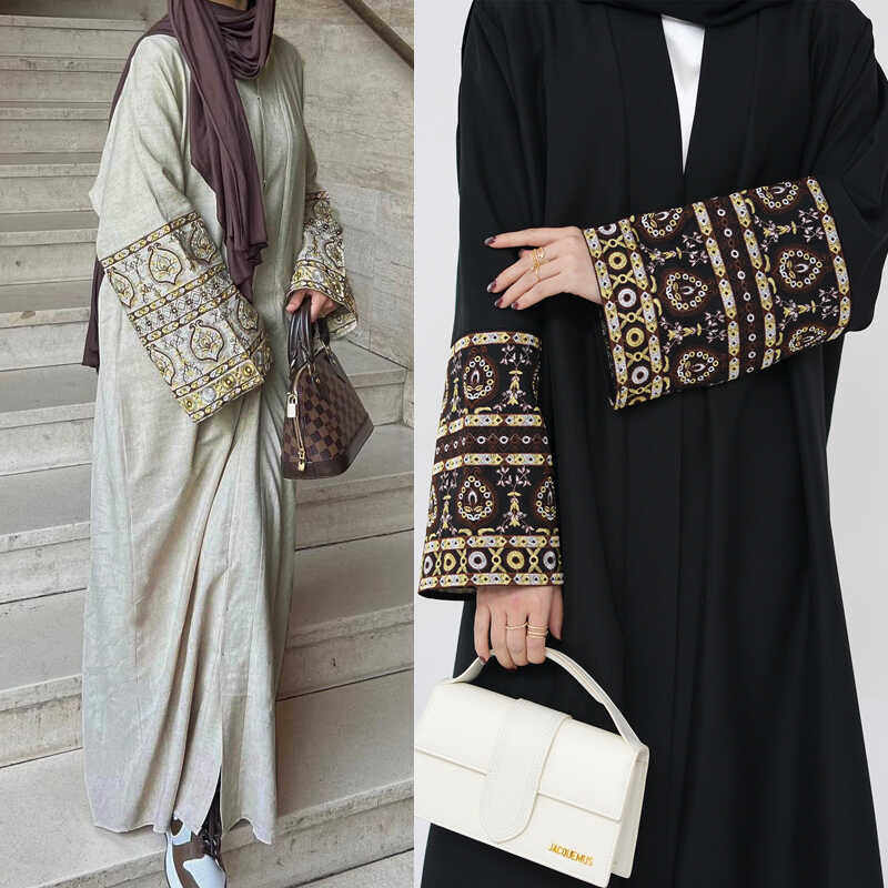 马来民族风土耳其纯色长袍刺绣开衫女Arab Robe Kimono