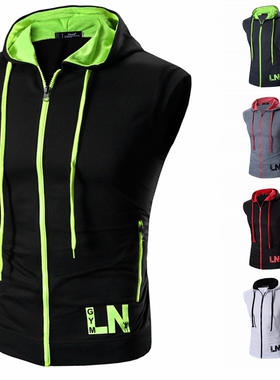 速卖通ebay夏装 时尚拼色拉链春秋坎肩 男士连帽无袖背心T52