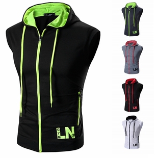 连帽无袖 速卖通ebay夏装 男士 拼色拉链春秋坎肩 背心T52 时尚