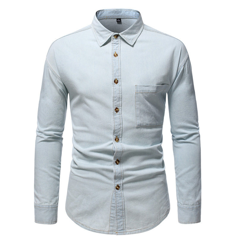 秋装纯色尖领休闲长袖牛仔衬衫男士口袋衬衣Cowboy shirt man