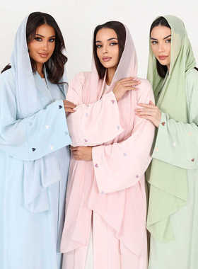 Open Abaky Dubai Women Kimono Caftan中东沙特爱心刺绣长袍开衫