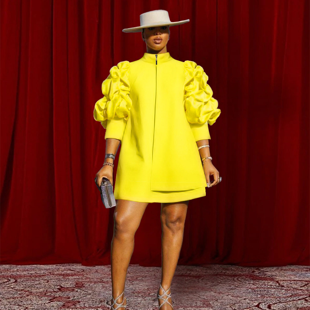 欧美大码气质开衫式连衣裙设计师款褶皱袖短款上衣 Dresses Women
