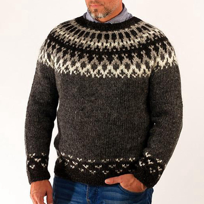 外贸男装2023秋冬新款套头针织衫圆领长袖提花毛衣Men's knit