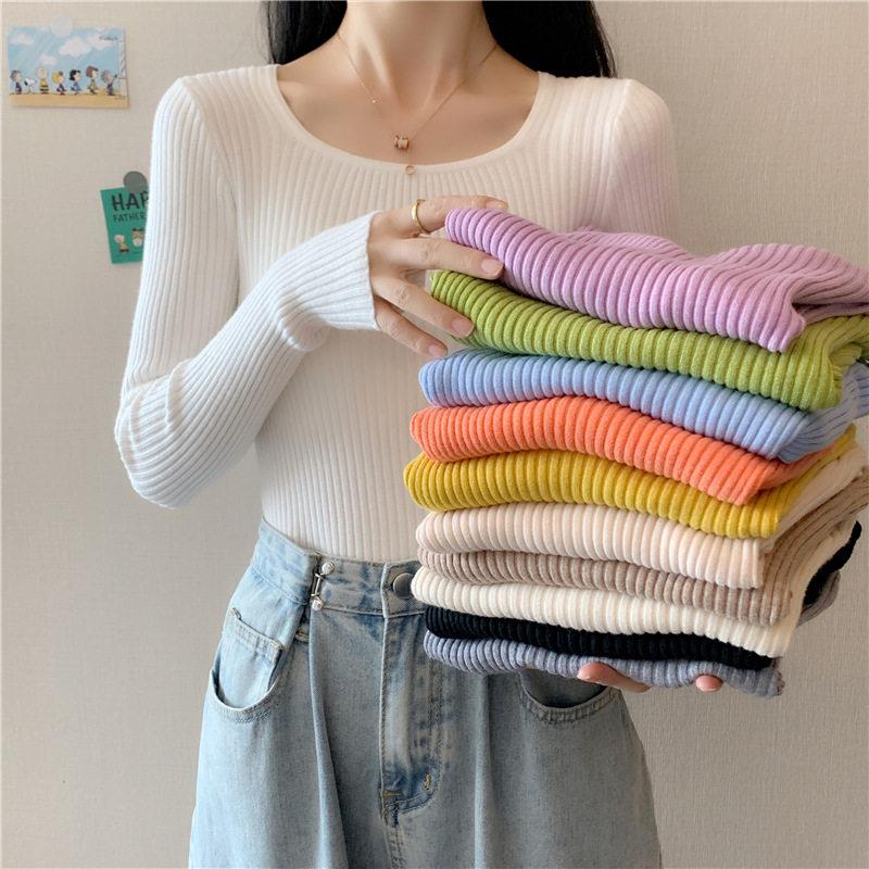 简遇luck品质女装春秋新款方领打底针织衫女秋季设计感韩版纯色修