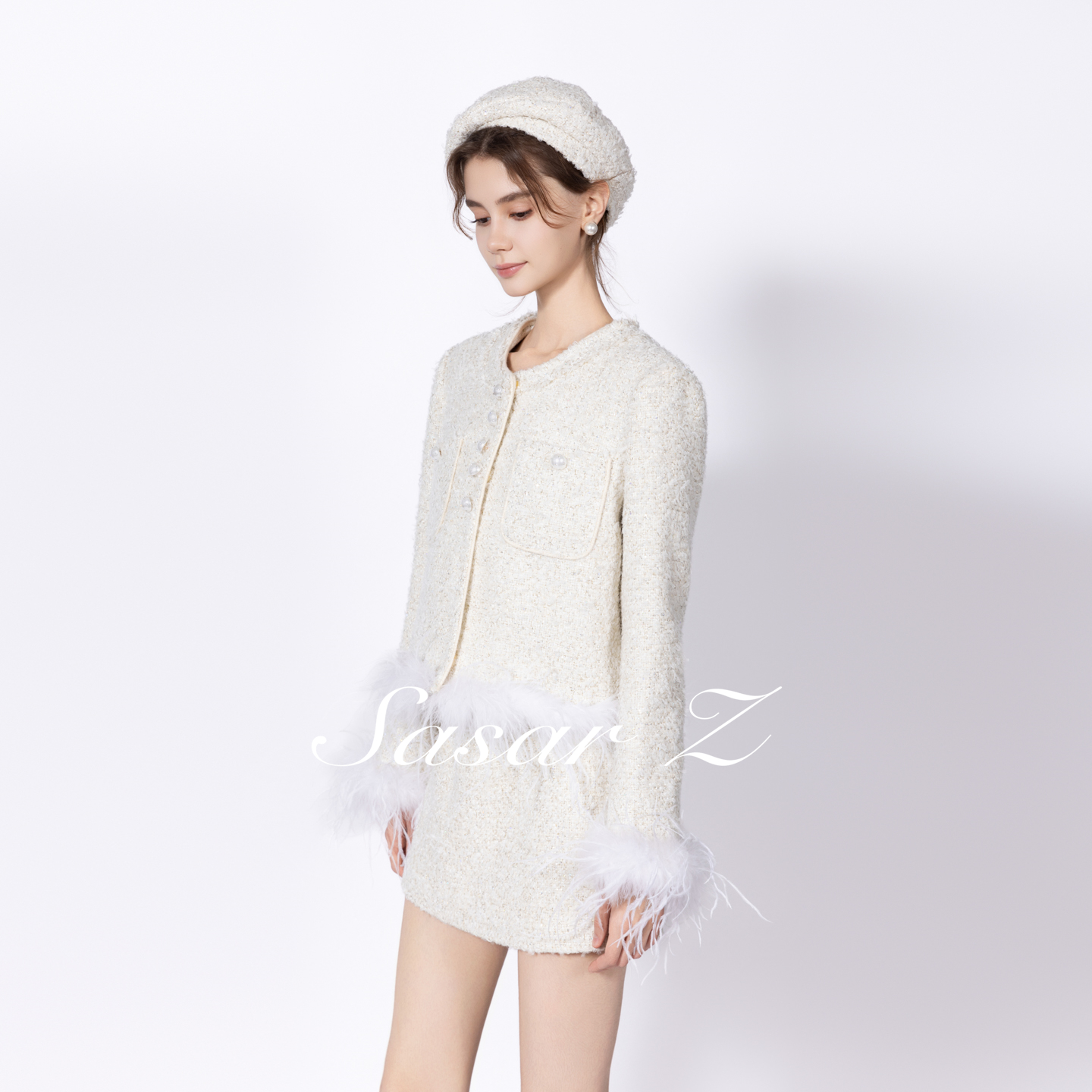 SasarZ驼鸟毛珍珠扣圆领外套星星烫钻珍珠扣V领马甲简约珠片半裙