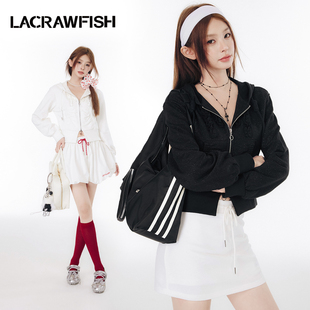 LACRAWFISH美式 复古亮丝波浪花边月牙抽褶口袋恶魔角连帽卫衣外套