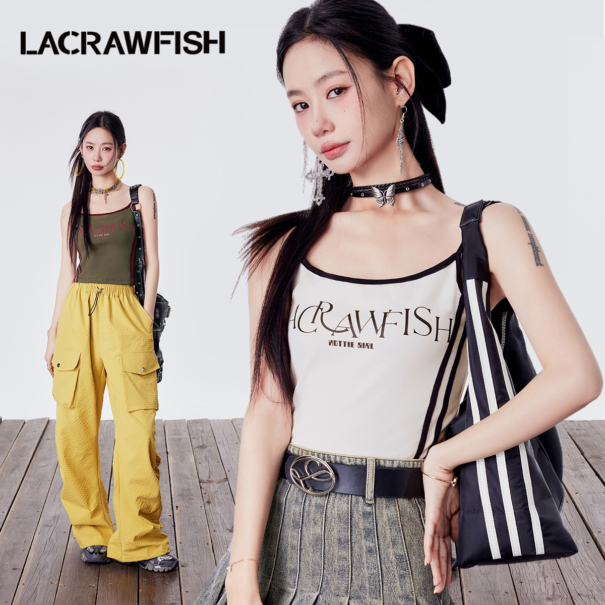 宋昕冉同款LACRAWFISH美式辣妹撞色织带字母印花百搭吊带背心上衣 女装/女士精品 背心吊带 原图主图