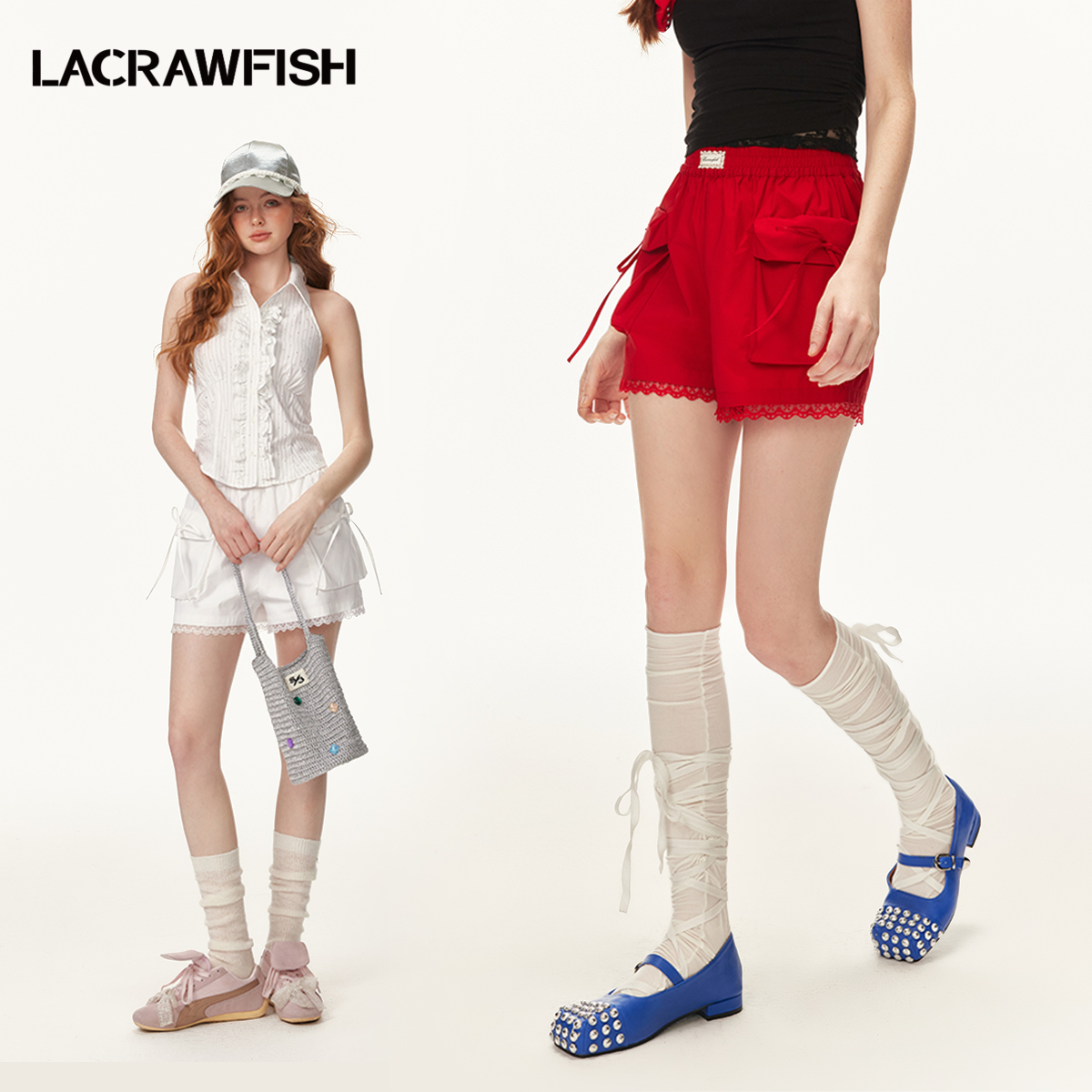 LA CRAWFISH2025夏季新款蕾丝花边纯欲立体贴袋绣花女式短裤