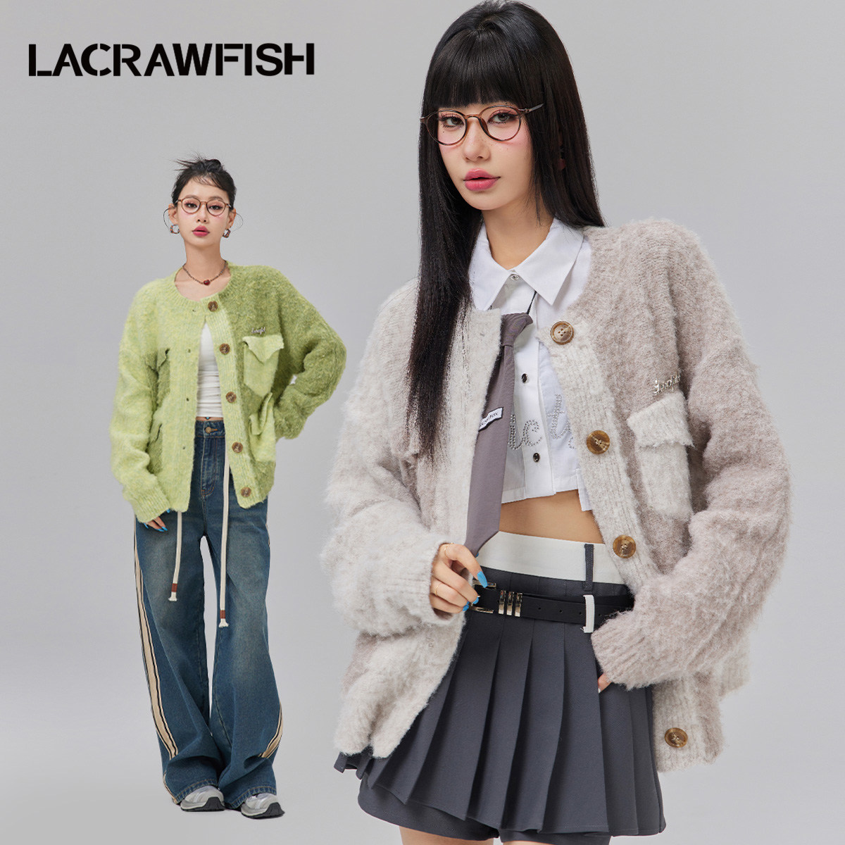 LACRAWFISH毛绒拼色毛衣外套