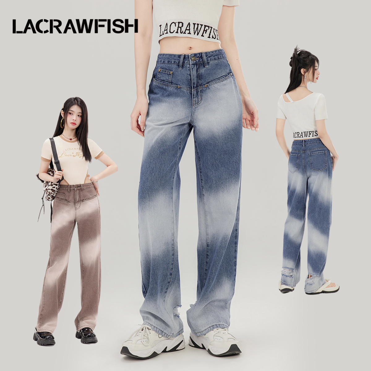 LACRAWFISH破洞渐变牛仔裤