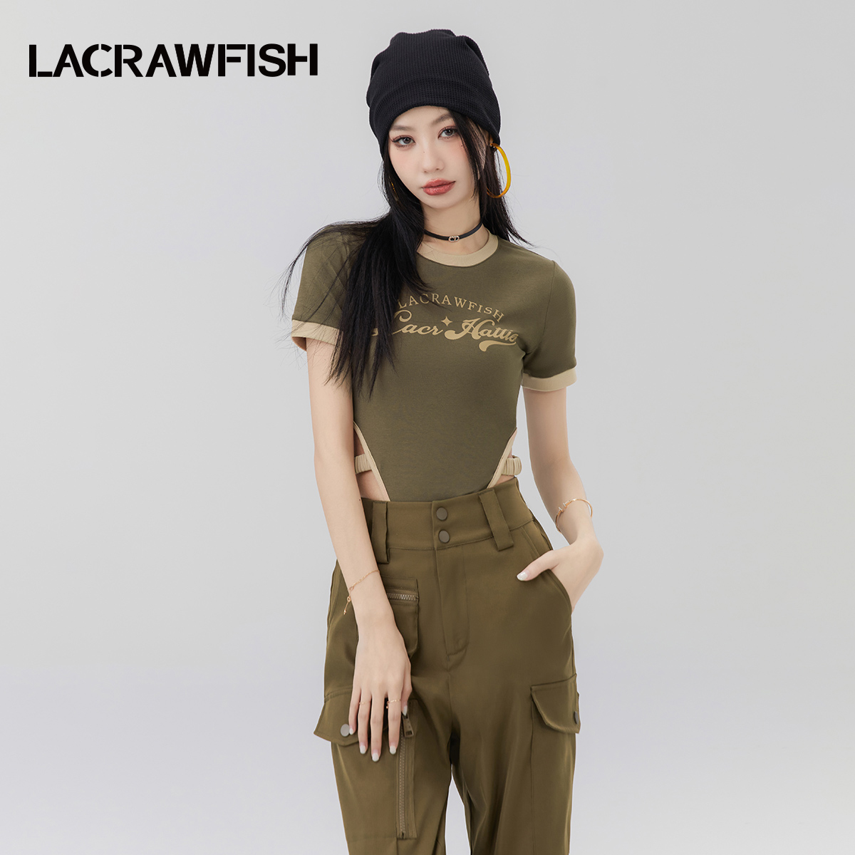 LACRAWFISH短袖露腰连体T恤