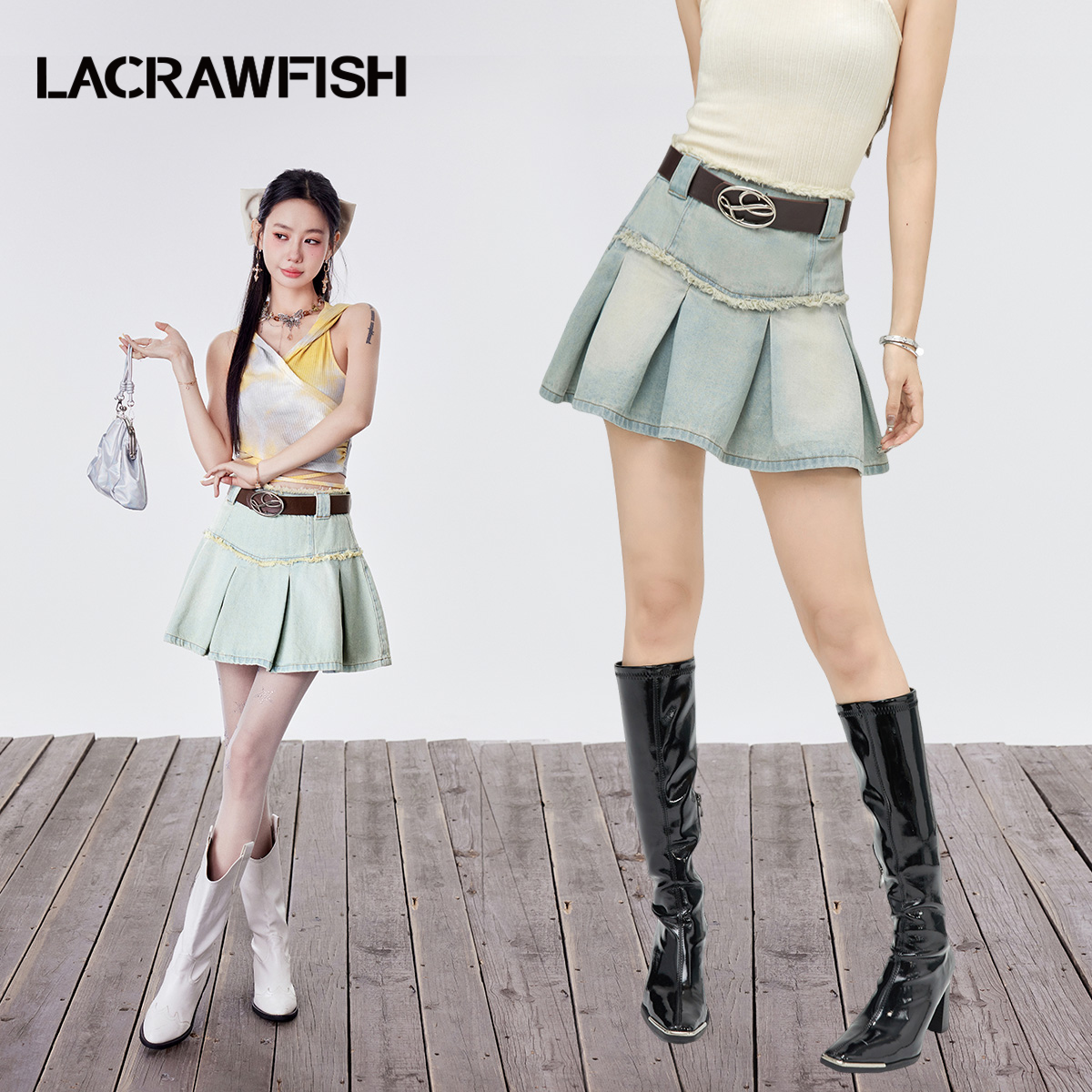 LACRAWFISH毛边百褶牛仔短裙