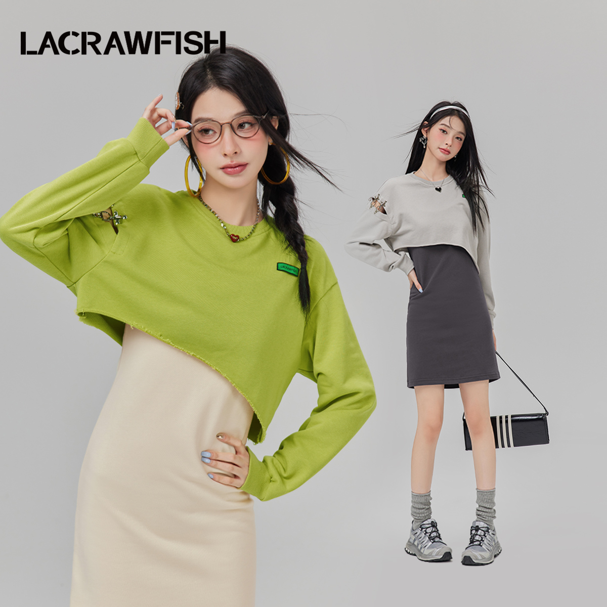 LA CRAWFISH韩系休闲运动风辣妹短卫衣包臀吊带连衣裙两件套装女-封面