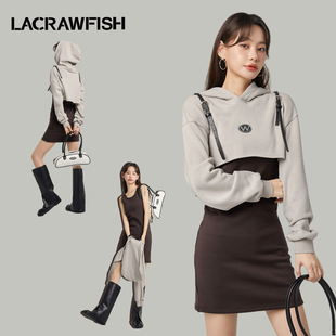 女 CRAWFISH韩系复古咖色加绒连帽卫衣显瘦背心连衣裙两件套装