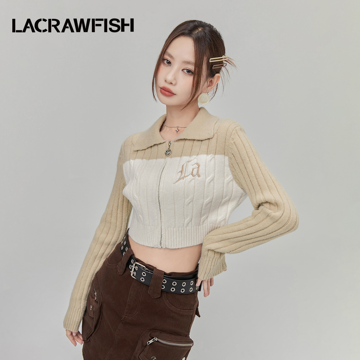 LACRAWFISH撞色拉链毛衣开衫