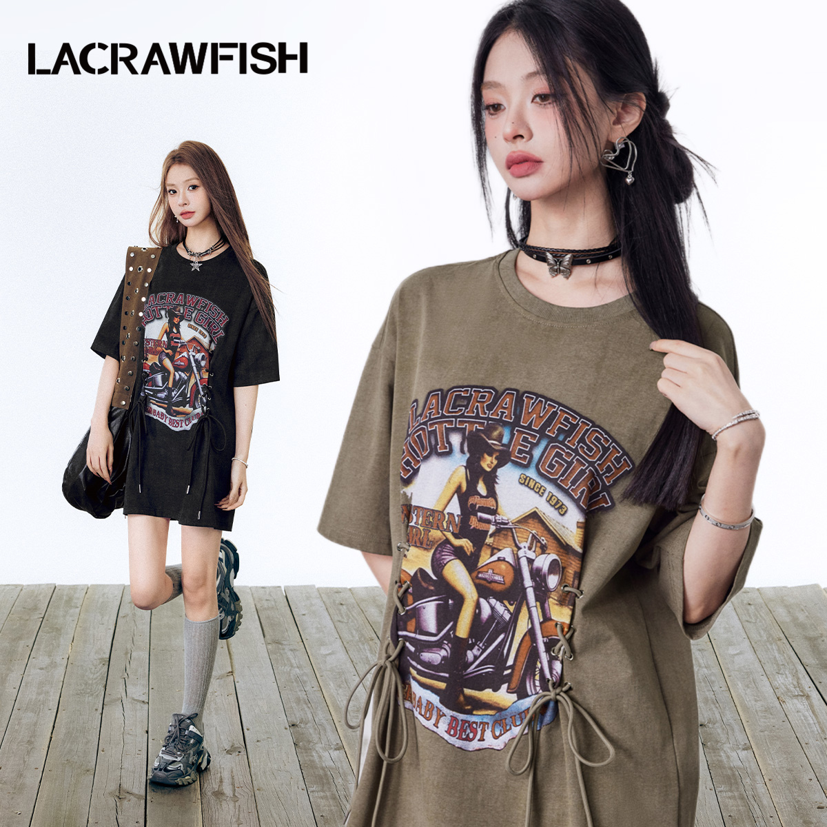 LA CRAWFISH美式辣妹复古机车美女印花抽绳显瘦宽松T恤连衣裙女