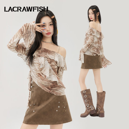 LACRAWFISH一字肩豹纹雪纺衫