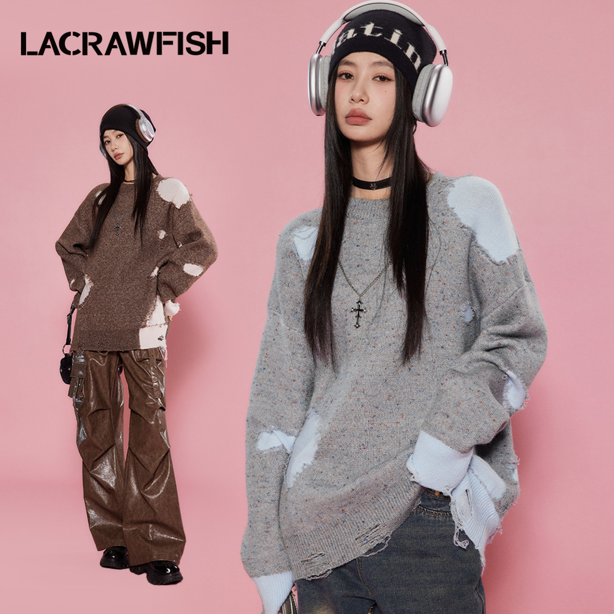 LACRAWFISH磨破拼色宽松毛衣