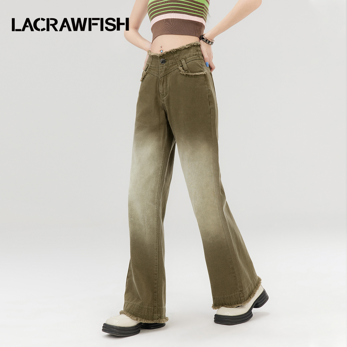 LACRAWFISH水洗渐变毛边牛仔裤